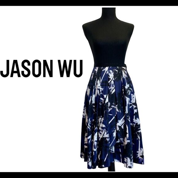 JASON Wu NWOT Blue black white floral pleated A-line knee length skirt Sz 4 - Picture 1 of 12